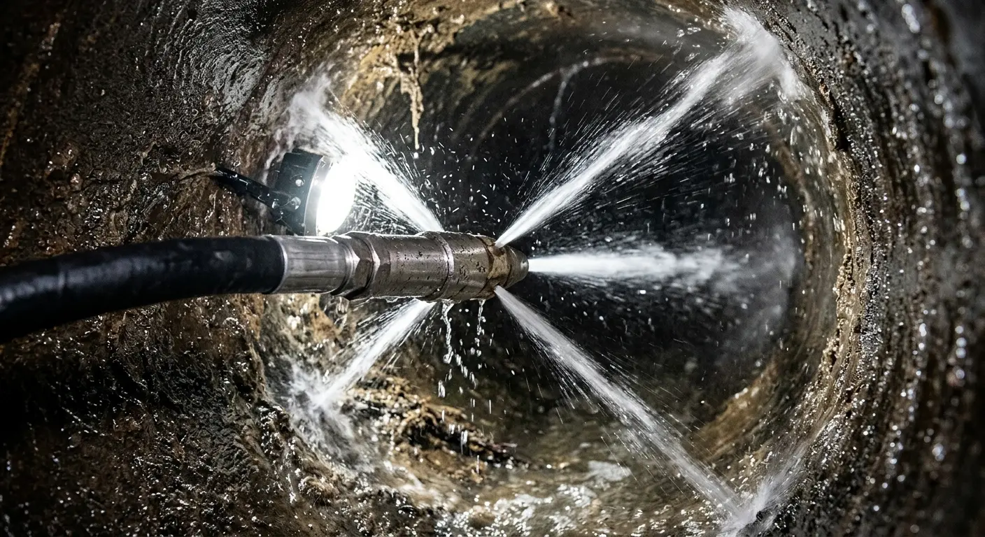 High-pressure hydro jetting nozzle cleaning sewer pipe for Storm Drain Cleaning in Haverstraw