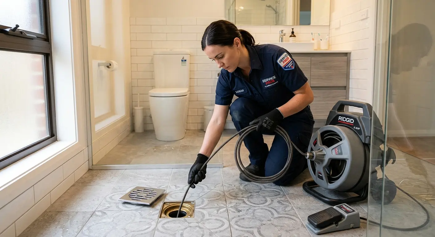 Technician clearing a bathroom floor drain for Sewer Line Replacement in Haverstraw